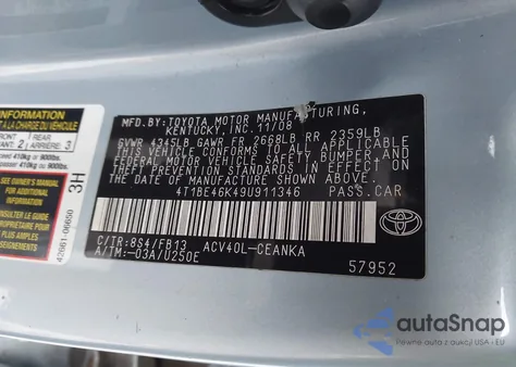 2009 Toyota Camry Le z USA, uszkodzony, nr VIN 4T1BE46K49U911346